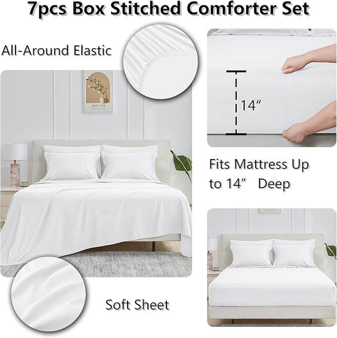 CozyLux Queen Comforter Set White - 7 Pieces Bed in a Bag Queen, All Season Breathable Bedding Sets, Oeko-Tex Certified Bed Set with Down Alternative Comforter, Sheets, Pillowcases & Pillow Shams