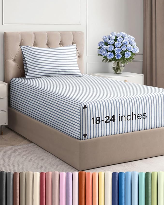 Extra Deep Twin Sheet Set - 3 Piece Breathable & Cooling Bed Sheets - Easily Fits 18 to 24 inch Mattress - Ultra Soft, Wrinkle & Fade Free w/ Extra Deep Pockets - Hotel Luxury Bedding - Blue Stripes 2