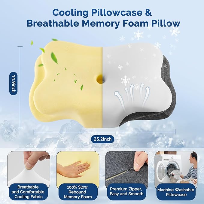 Cervical Neck Pillow, Ergonomic Side Sleeper Pillow for Neck Support, Cooling Memory Foam Pillows for Sleeping, Contour Orthopedic Bed Pillows for Side Back Stomach Sleepers (White)