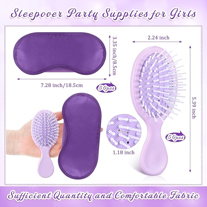 Meanplan 100 Pcs Mini Hair Brush Set 50 Sleep Mask 50 Portable Wet Dry Hair Combs Detangling for Women Spa Sleepover Party Supplies for Travel Team Building Wedding Bridesmaid Gifts(Purple)
