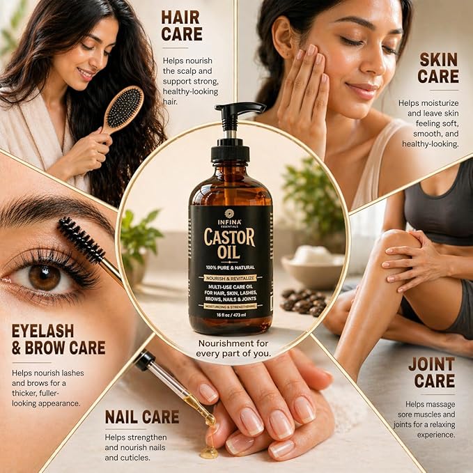 INFINA ESSENTIALS Pure Cold Pressed Castor Oil - Hexane Free, Glass Bottle for Hair Growth, Face, Scalp, Skin & Eyelashes - Nourishing and Moisturizing - 16 fl oz