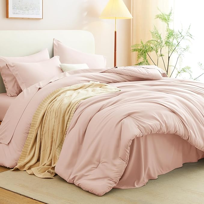 CozyLux Oversized King Comforter Set Blush Pink, 7 Pieces Bed in a Bag Comforter Set with Sheets, Soft Bedding Sets with Down Alternative Comforter, Fitted Sheet, Flat Sheet, Pillowcases and Shams
