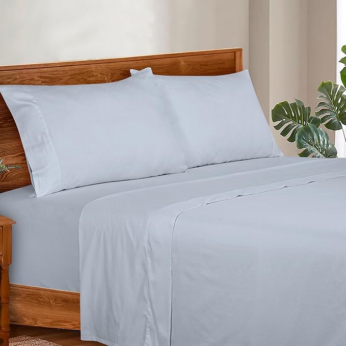 ROYALE LINENS 300 Thread Count 100% Long Staple Combed Cotton Sheet Set - 4 Piece Queen Bed Sheets - 1 Fitted, 1 Flat & 2 Pillow Cases - Soft Cool & Crisp Sheet Set (Queen, Sky Blue)