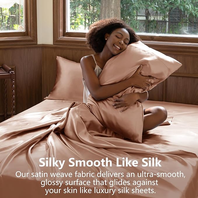 CozyLux Satin Sheets Queen Size Bed Set - 4 Piece Silky Queen Sheet Set, Luxury Salmon Pink Queen Sheets with Smooth and Soft Microfiber, Includes 1 Fitted Sheet, 1 Flat Sheet and 2 Pillowcases