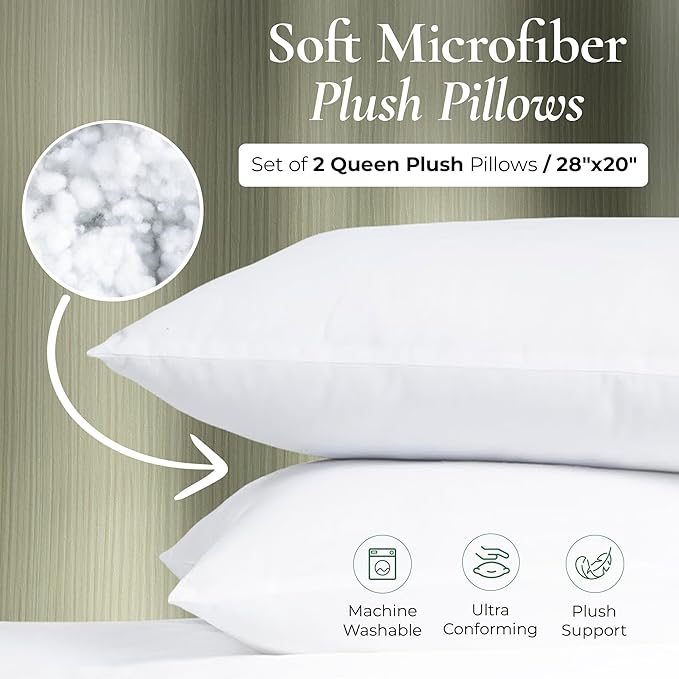 Fern and Willow Queen Size Bed Pillows - Set of 2, 28"x20" - Luxurious Ultra-Soft Cooling Pillow - Hotel Quality, Down Alternative Fill - Ideal for Side, Back & Stomach Sleepers