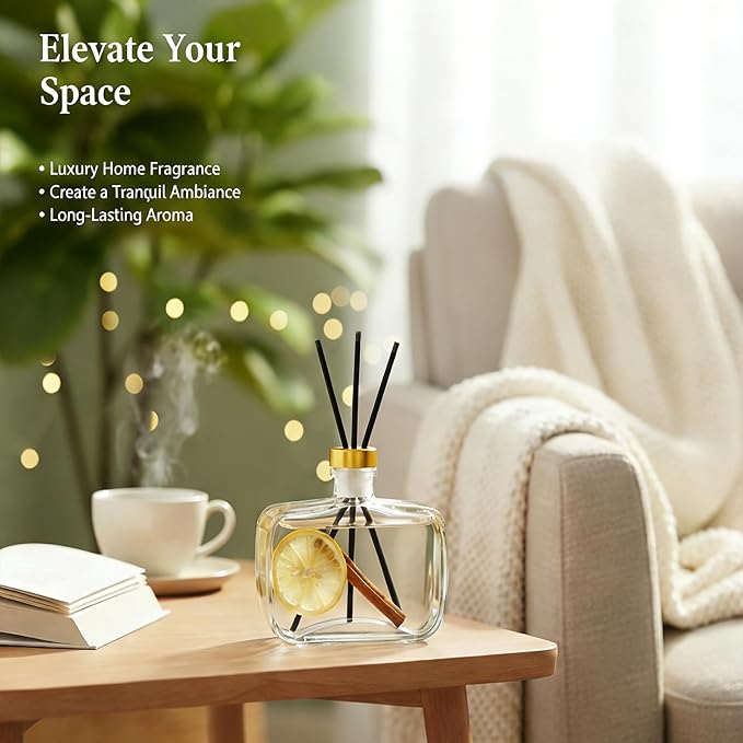 Reed Diffuser, Lavender Scented No Flame Air Freshener for Home, 100ml Long-Lasting Essential Oil Diffuser with Rattan Scent Sticks Lemon, Safe for Bedroom, Office, Bathroom