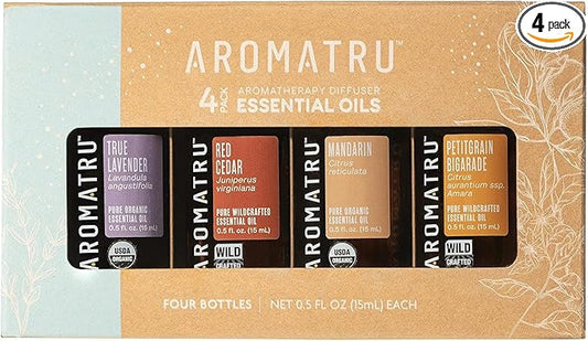 AromaTru Slumber Essential Oil Kit – True Lavender, Red Cedar, Mandarin, and Petitgrain Bigarade – Organic & Wildcrafted – ISO Certified – No Synthetic Fillers – Ethically Sourced