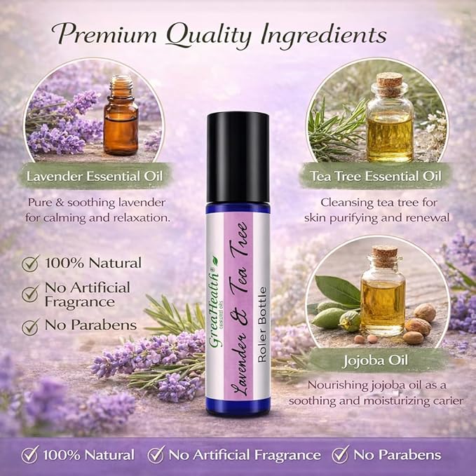 GreenHealth Lavender & Tea Tree Essential Oil Roll On 10 ml – Pre-Diluted Aromatherapy Roller, Ready to Use, Portable Roll-On, Relaxing Lavender & Refreshing Tea Tree Blend for On-the-Go Use