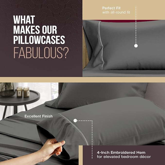 TEXAS LINEN CO. 100% Egyptian Cotton Pillowcases King Size - Snoozin' Supreme Collection 2000 Series Luxury Cotton Pillow Case Set of 2, Cooling Envelope Closure Hotel Pillowcase (21 x 41, Dark Grey)