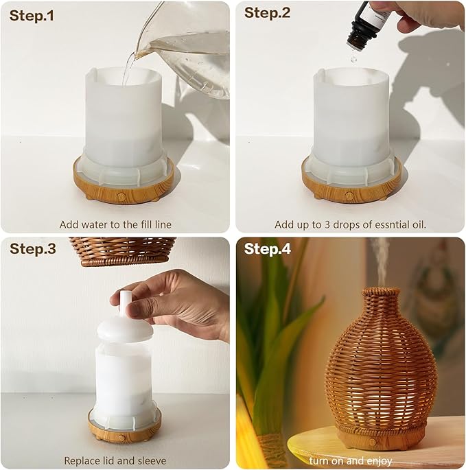 Essential Oil Diffuser - Rattan Humidifier,Multifunction Aromatherapy Diffuser with Warm Light 80ML Cool Mist Humidifier Waterless Auto Shut-off for Home,Baby Bedroom,Office