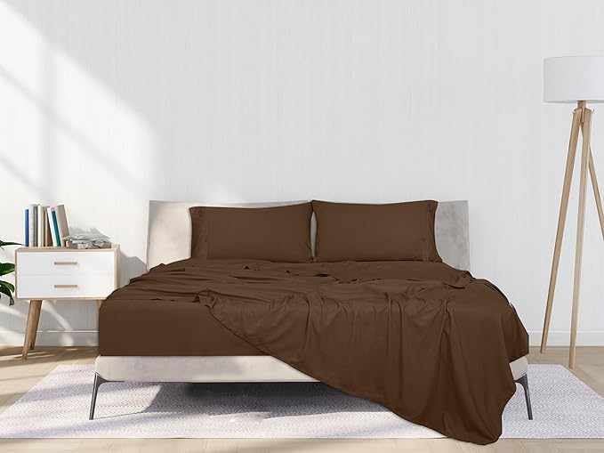 ROYALE LINENS 4 Piece Cal King Sheets Set - Soft Brushed 1800 Microfiber - 1 Fitted, 1 Flat Sheet, 2 Pillowcases - Wrinkle Free & Fade Resistant - Hotel Luxury Bed Sheets (Chocolate Brown, Cal King)