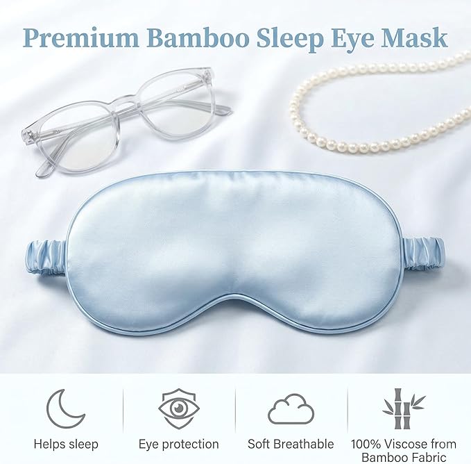 2Pcs Silk Sleeping Mask, Soft Breathable Blackout Eyeshade Comfortable Adjustable Satin Eye Shade for Women Sleep Travel Nap Bridesmaid Gifts (Blue, Black)