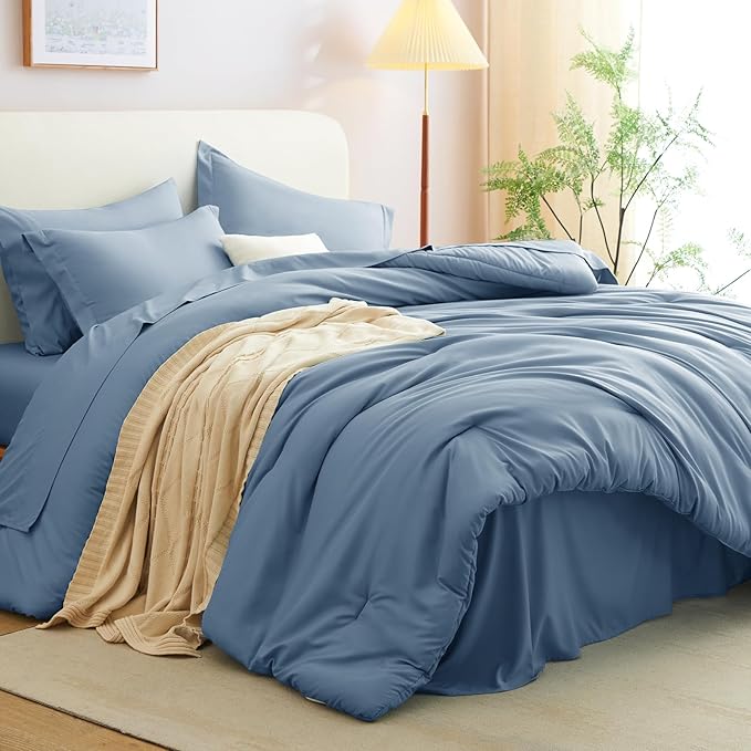 CozyLux Full Size Comforter Sets Grayish Blue, 7 Pieces Bed in a Bag Full Comforter Set with Sheets, Dusty Blue Luxury Soft Bedding Set with Down Alternative Comforter, Sheets, Pillowcases & Shams