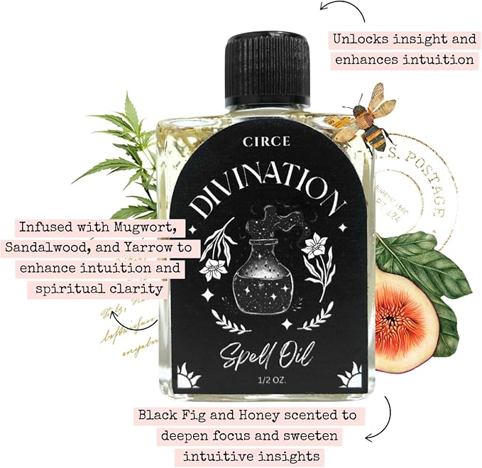 CIRCE Divination Spell Oil - Invite Clarity, Connection, Reflection & Insight - Add to Bath, Use in Rituals, Wear as Fragrance to Align w/Desires- Coconut Oil, Mugwort & Sandalwood Herbs - 1/2oz