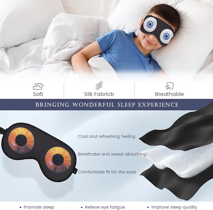 2 Pcs Sleep Mask for Kids Boys, Silk Eye Covers for Sleeping, Adjustable Strap & Light Blocking Design, Adult Children's Bedtime Blindfold for Travel and Home Use (Funny Eye)