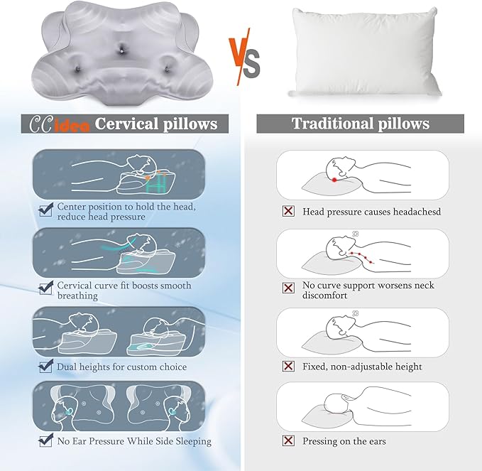 Dual Ear Relief Zone Contour Pillow, Ice Silk Satin Cervical Memory Foam Pillow for Sleeping, Ergonomic Neck Support for Side, Back & Stomach Sleepers
