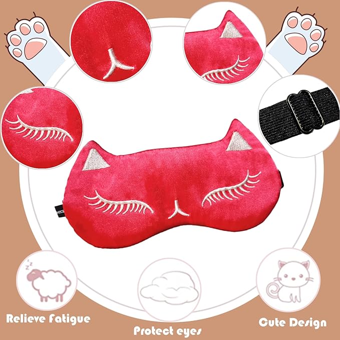 Cute Cat Sleep Mask for Kids (Red&Black), 2 Pack Silk Sleeping Eye Cover Adjustable Mask Night Eyeshade Cover for Girls Boys Women Men Sleep Travel Party