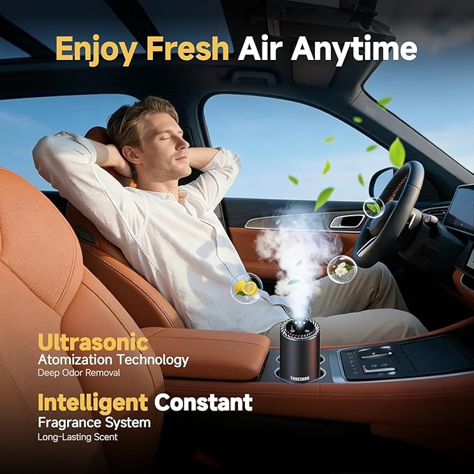 Smart Car Air Freshener with Star Light & 150ml Diffusers Oil Refills, Auto On/Off Aroma Diffuser, 3 Adjustable Mist Modes Rechargeable Aromatizante para Carro - Car Diffuser（New Car Smell*3）