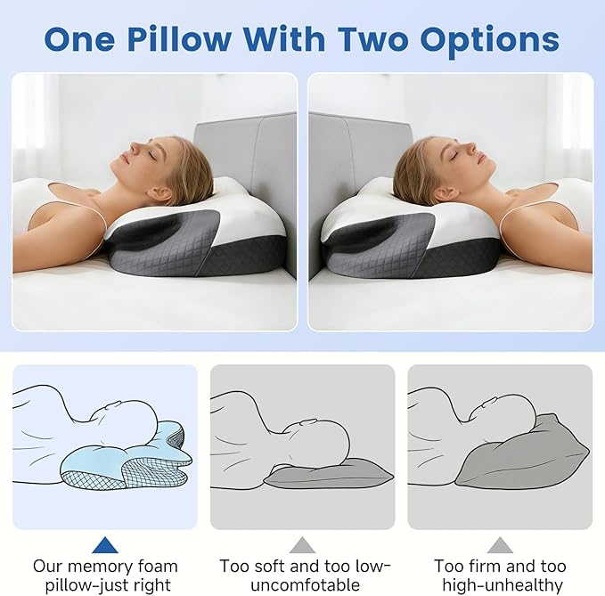 Side Sleeper Pillow, Memory Foam Cervical Neck Pillow, Dual Height Orthopedic Contour Pillow for Neck Support, Ergonomic Pillow for Side Back Stomach Sleepers with Breathable Washable Cover