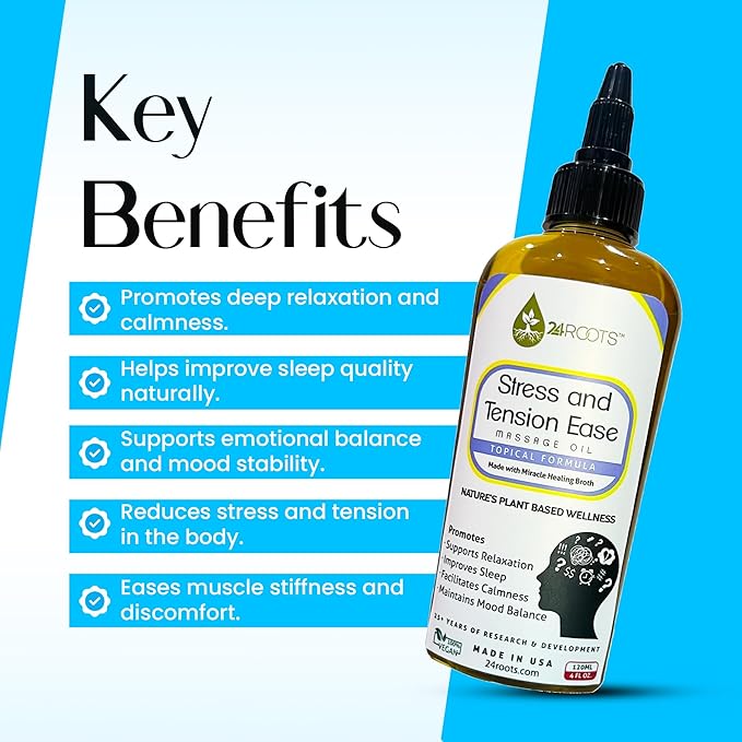 Plant Based Stress and Tension Ease Massage Oil - Supports Relaxation, Helps with Sleep, Aids in Calmness, and Helps Mood Balance - 24+ AYURVEDIC Herbs - 100% Vegan (4 Fl Oz/120 ML)