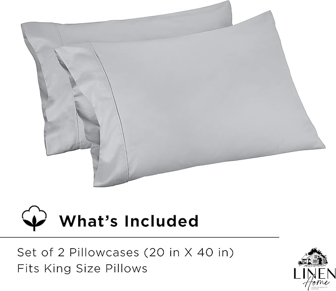 Linen Home 600 Thread Count King Pillowcase Set | 100% Long-Staple Cotton Pillow Cases | Soft & Smooth Luxury Satin Set of 2 Pillowcases | 4 Inch Z Hem | Silver
