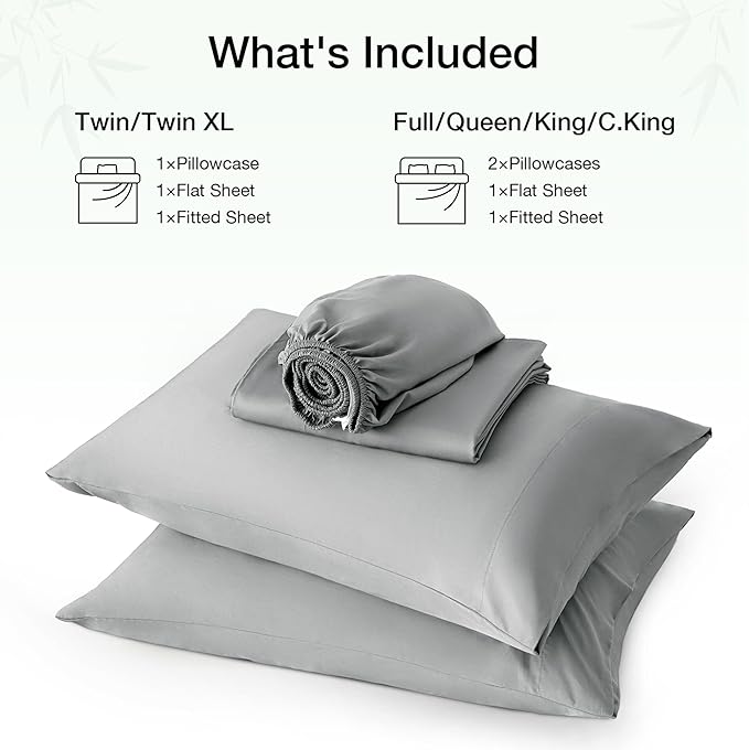 Love's cabin 3 Piece Twin Sheet Set, 100% Rayon Derived from Bamboo, Cooling & Breathable, Soft Silky Deep Pocket up to 16", Hotel Luxury Bedding for Hot Sleepers, Light Grey