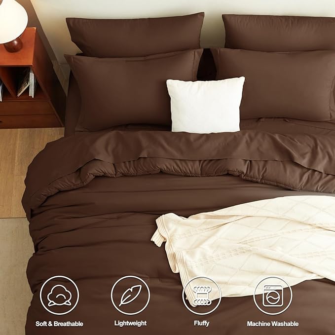 CozyLux Oversized Queen Comforter Set Brown, 7 Pieces Bed in a Bag Comforter Set with Sheets, Luxury Soft Bedding Sets with Down Alternative Comforter, Fitted Sheet, Flat Sheet, Pillowcases & Shams