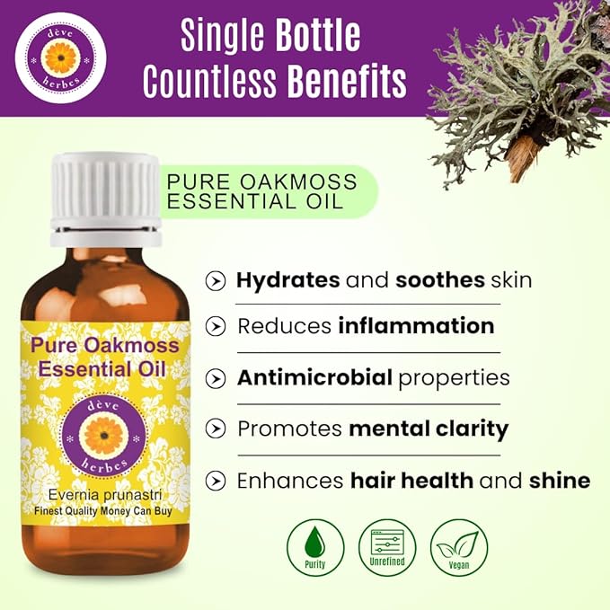 dève herbes Oakmoss Essential Oil (Evernia prunastri) Pure | Non-Sticky | Non-Greasy | Lightweight | Men & Women | All Skin Types | Steam Distilled 100ml (3.38 oz)