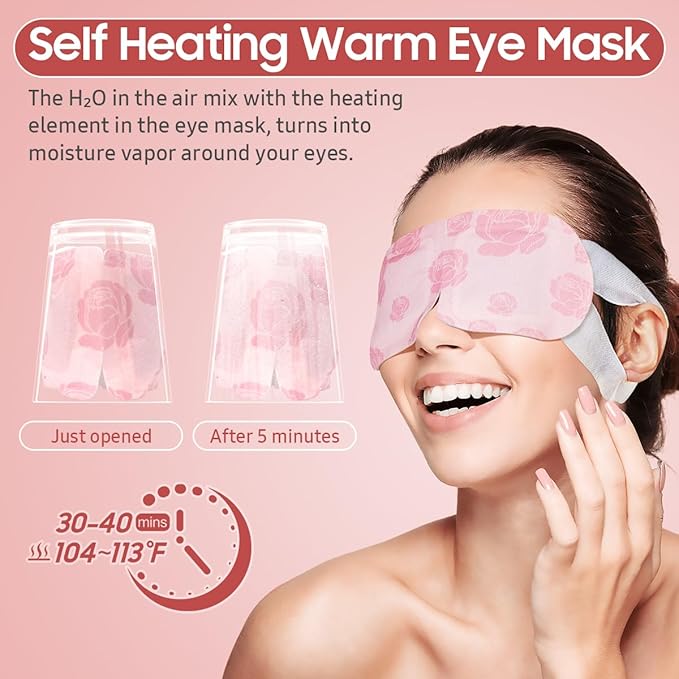 BeHoomi 30Packs Steam Eye Mask, Heated Eye Mask Warm Compress for Eyes, Self Heating Disposable Steam Mask for Home Sleep, Spa, Travel Essentials & Relaxation Gifts, Mothers Day Gifts (Rose)