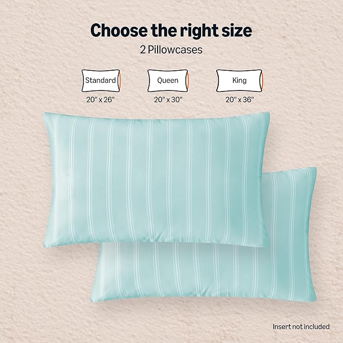 Amazon Basics Stripe Cooling Pillow Cases for Hot Sleepers, Soft Cooling Pillow Covers with Envelope Closure, 20" x 26", Standard, Cyan, Pack of 2
