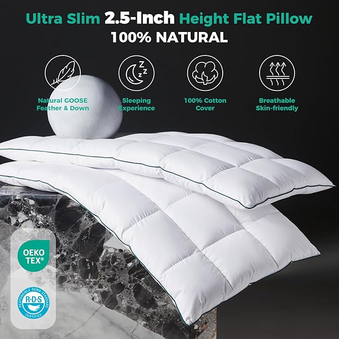 Three Geese Ultra Thin Flat Goose Down Feather Pillows for Sleeping Standard Size Set of 2, 2.5" Height, 100% Cotton Cover, Ultra Slim Hotel Collection Bed Pillow for Stomach, Back Sleeper, 18x26 in.