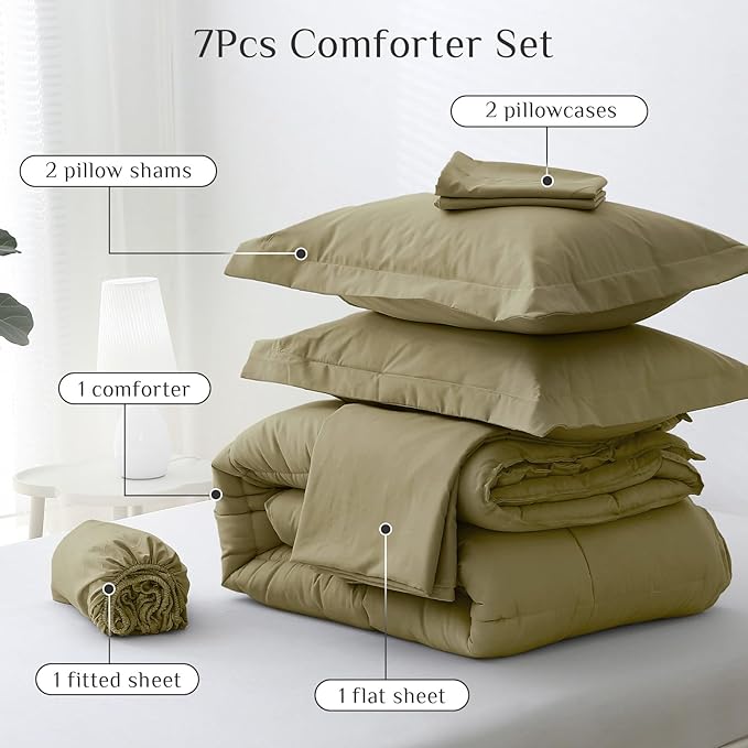 JOLLYVOGUE California King Comforter Set, Ultra-Soft Bed in a Bag Cal King Size 7 Pieces, Oeko-TEX Certified Bedding Set with Down Alternative Comforter, Sheets, Pillowcases & Shams, Olive Green