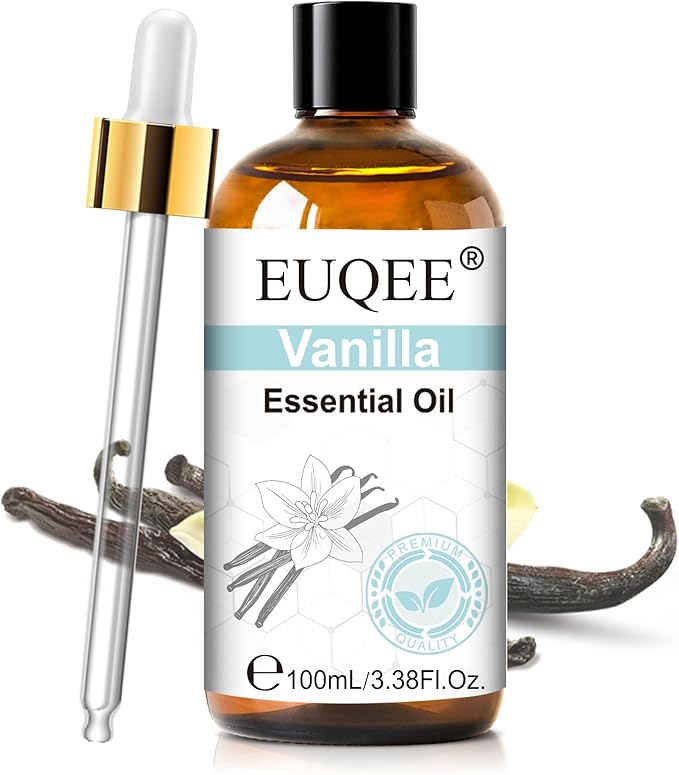 EUQEE Vanilla Essential Oil 100ml, 100% Natural and Pure Vanilla Oil for Aromatherapy Diffuser, Massage, DIY Soap, Candle Making, Skin & Hair Care - 3.38 Fl Oz