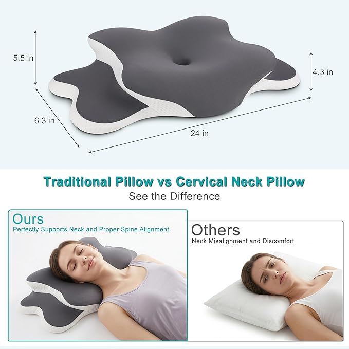 Esup Ergonomic Cervical Neck Pillow for Pain Relief, Memory Foam Orthopedic Bed Pillow, Adjustable Height Contour Pillow for Sleeping, Ideal for Side, Back, and Stomach Sleepers (Gray)