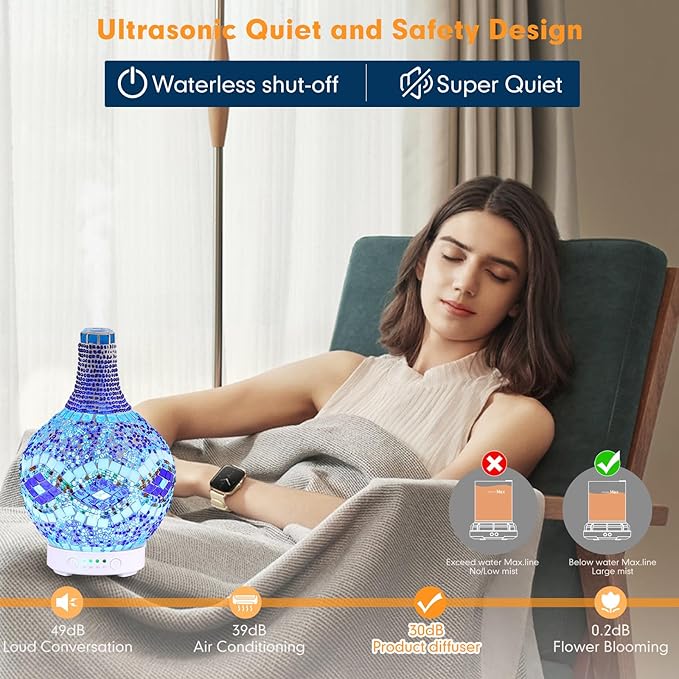Mosaic Glass Essential Oil Diffuser,Tiffany Aromatherapy Diffuser 100ml Turkish Moroccan Color Changing Aroma Ultrasonic Diffusers Cool Mist Air Diffuser for Sleeping SPA Office Home