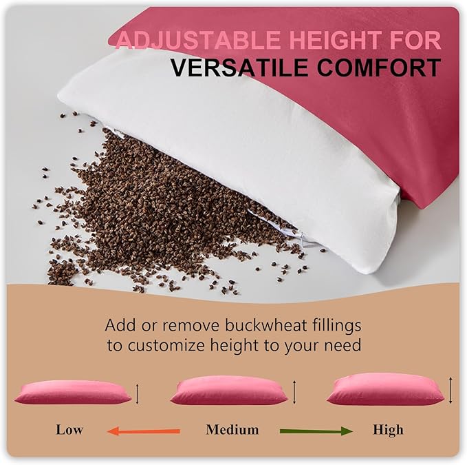 MIOTO Organic Buckwheat Pillow for Sleeping with Dual-Layer Pillowcase and Extra Tartary Buckwheat Hulls, Adjust Height and Firmness, Neck Support Pillow for Back and Side Sleepers 14"x20", Burgundy