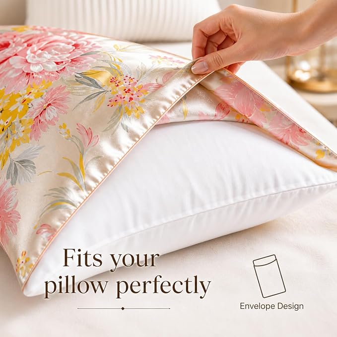100% Mulberry Silk Pillowcase for Hair and Skin care, Envelope Closure, Natural &Vintage Floral Printed Cooling & Slip Silk Pillow Case, Both Sides Soft Breathable, Queen size, 1 Pack (Beige (2 Pack))