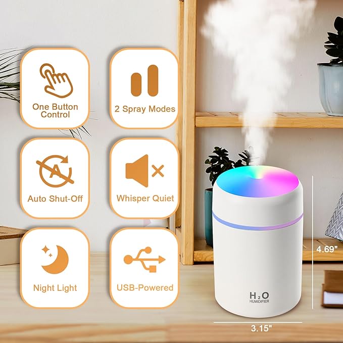 Portable Small Humidifier, 300ml Mini Cool Mist Humidifier, USB Personal Desktop Humidifiers for Baby Bedroom Travel Office Home, Auto Shut-Off, 2 Mist Modes, White