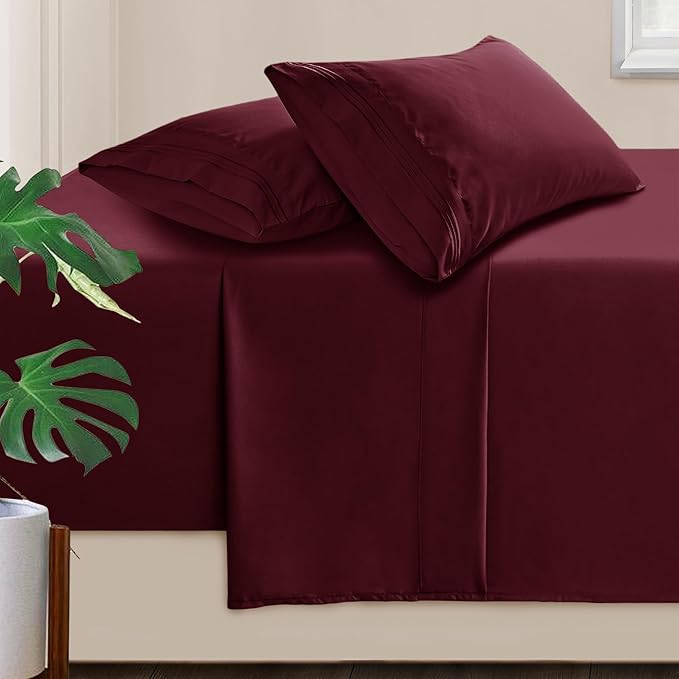 Manyshofu Extra Deep Pocket Full Size Sheets Set - Hotel Luxury 1800 Thread Count Sheets & Pillowcases - Kids Bedding Set up to 24" Mattress - Burgundy Bed Sheets 18-24 Inch Deep Pockets - 4 Piece