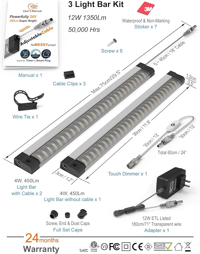 LED Under Cabinet Lighting Touch cabinet light Built-in Adjustable Cable No MESSY Wires! 3 Panel Counter Lights for Kitchen Garage Pantry Closet 3000K 1350Lm Super Bright Good for Timer Smart Plug