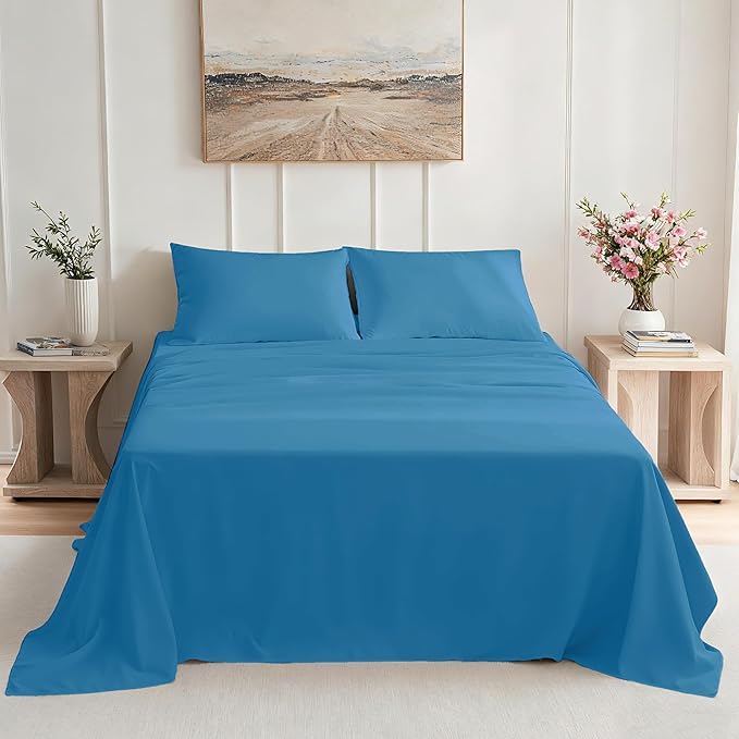 Cal King 4 Piece Bed Sheet Set - Ultra Imitation Cotton-Premium Breathable & Cooling Sheets - Hotel Luxury Bed Sheets Deep Pocket up to 15"(Denim Blue, California King)