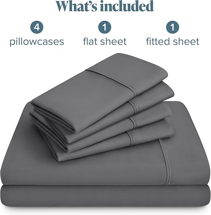 Bare Home Hotel Luxury Queen Sheet Set, Extra Soft - 6 Piece Set - Deep Pockets - Easy Fit - Cooling & Breathable - Wrinkle, Fade, Stain Resistant - Includes 4 Pillowcases (Queen, Grey)