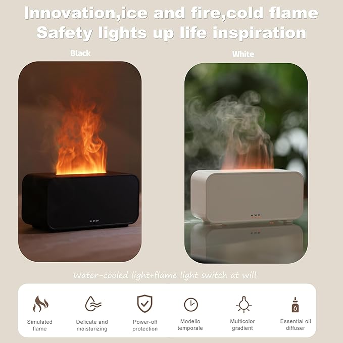 Mini Humidifier with LED Flame, Multiple Color Modes, 120 ml, Essential Oil Humidifier with Timer Adjustment and Waterless Auto Shut-Off for Home, Bedroom and Office(Black)