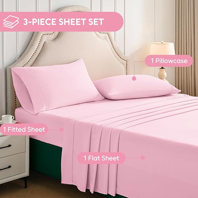 Twin XL Sheets Set, 3 Pieces Hotel Luxury Soft Microfiber Bed Sheets Set, Up to 16" Deep Pockets, Oeko-Tex Sheets with Elastic, Breathable, Wrinkle Free (Light Pink, Twin XL)