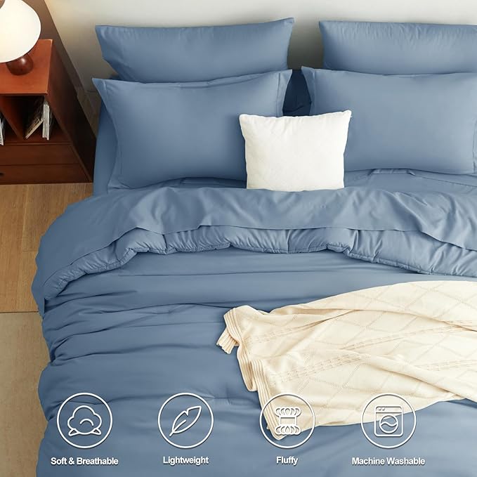 CozyLux Queen Comforter Set Grayish Blue, 7 Pieces Bed in a Bag Queen Comforter Set with Sheets, Bedding Sets with Down Alternative Comforter, Fitted Sheets, Flat Sheets, Pillow Shams and Pillowcases