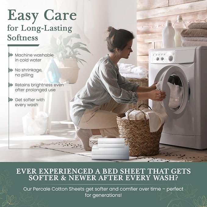 Feather & Stitch Softest 100% Cotton Sheets, 300 Thread Count Percale Weave Bedding, 16" Deep Pocket, Cooling Sheets, Breathable Bed Set, Hotel Premium Quality (Full, White)
