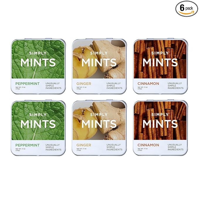 SIMPLY MINTS Natural Breath Mint Sampler, 6 Pack (180 Pieces), Made with Peppermint, Ginger, and Cinnamon Oils, Aspartame-Free, Sorbitol-Free, Xylitol-Free, Vegan, Kosher, Non-GMO