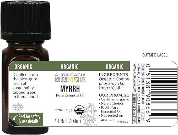 Aura Cacia Organic Myrrh Oil, Natural Myrrh Essential Oil for Skin & Hair Care, Aromatherapy, Body Massage & Humidifiers, Vegan | 0.25 Fl Oz (Pack of 1)