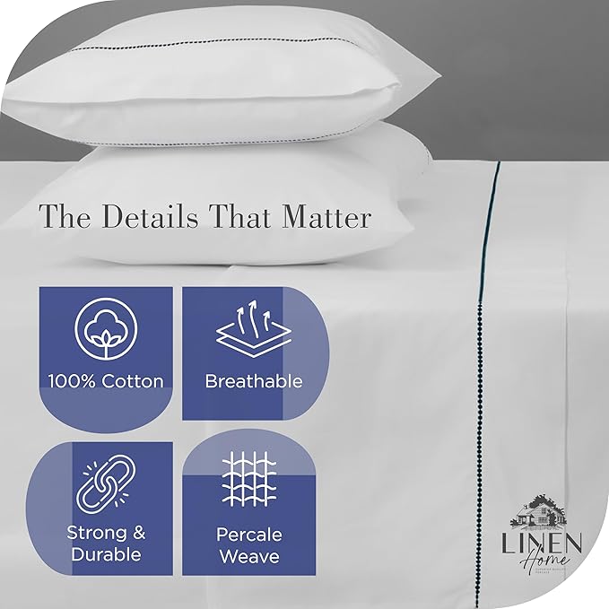Linen Home 100% Cotton Percale Pearl Stitch Pillowcases King Size, Dark Blue, 2 Pieces of Pillow Case, Crisp and Cool Strong Bed Linen, 20 inches X 40 inches