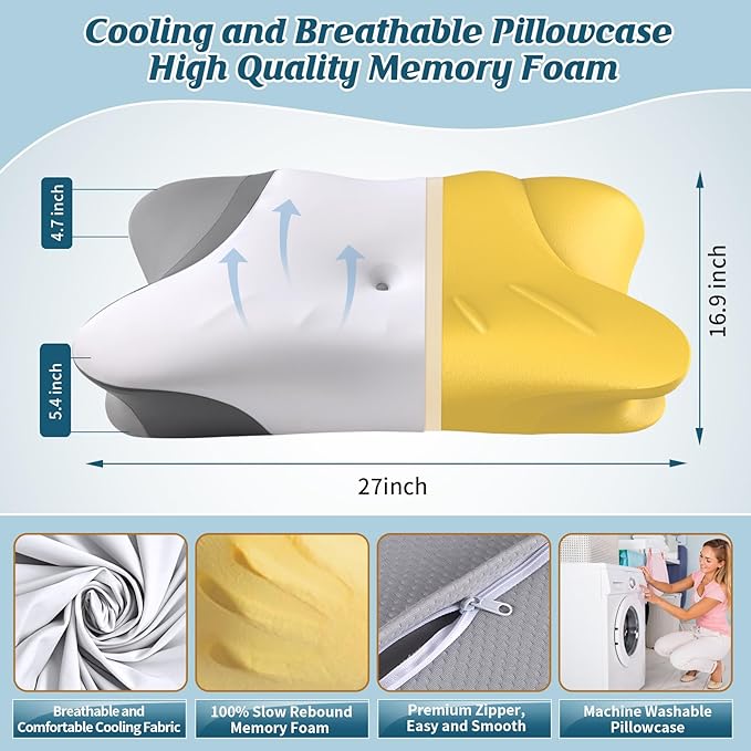 Cervical Pillow for Neck Pain Relief, Contour Memory Foam Pillows for Sleeping, Ergonomic Pillow Adjustable Orthopedic Cooling Pillow Bed Pillow for Side, Back & Stomach Sleepers